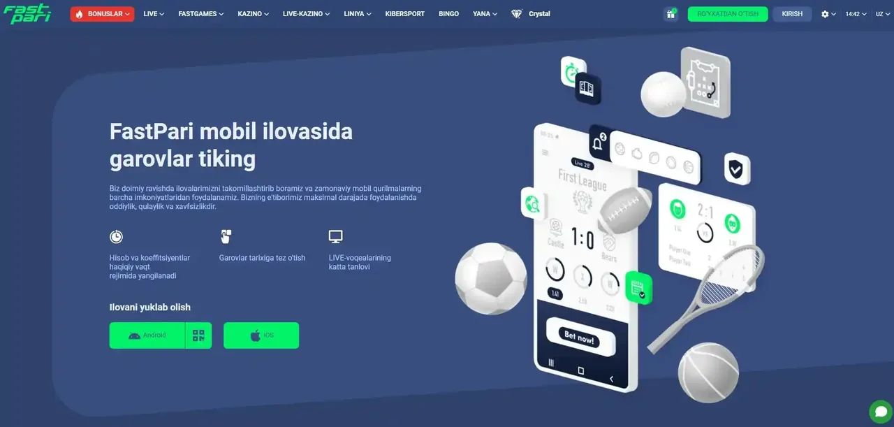 Раздел загрузки приложения FastPari: кнопки Android с QR-кодом и iOS